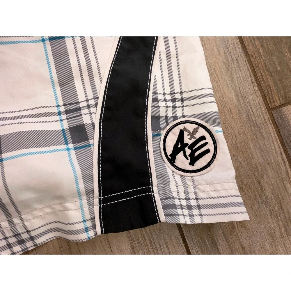 American Eagle Mens Board Shorts XL Plaid White Black Blue Swim Trunks 54485